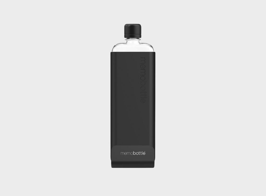 On trend slim clear reusable waterbottle in a black silicone sleeve and black lid in size slim.