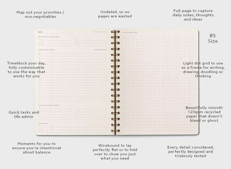 Three B5 wire-bound notebooks in Green, Orange, and Navy on a black surface. All have a blind embossed front cover.