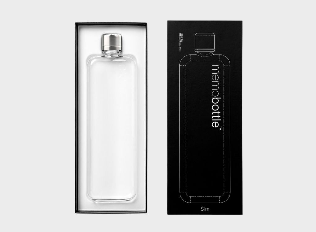Original clear memobottle in Slim in black packaging