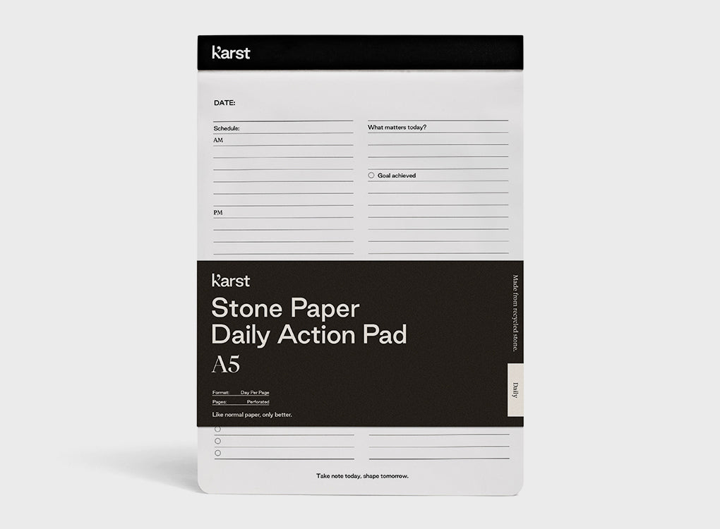 karst a5 daily action pad, with sections for morning and afternoon, goals and more, in belly band