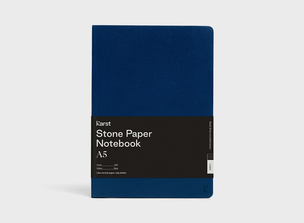 karst stone paper notebook with a soft cover, in lined, grid, dot or blank, with navy vegan leather cover