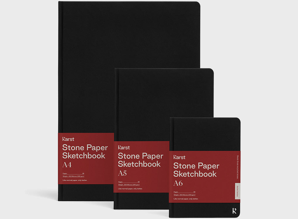 Karst sketchbooks in a4, a5 and a6 - stone pages and a sleek minimal black aesthetic